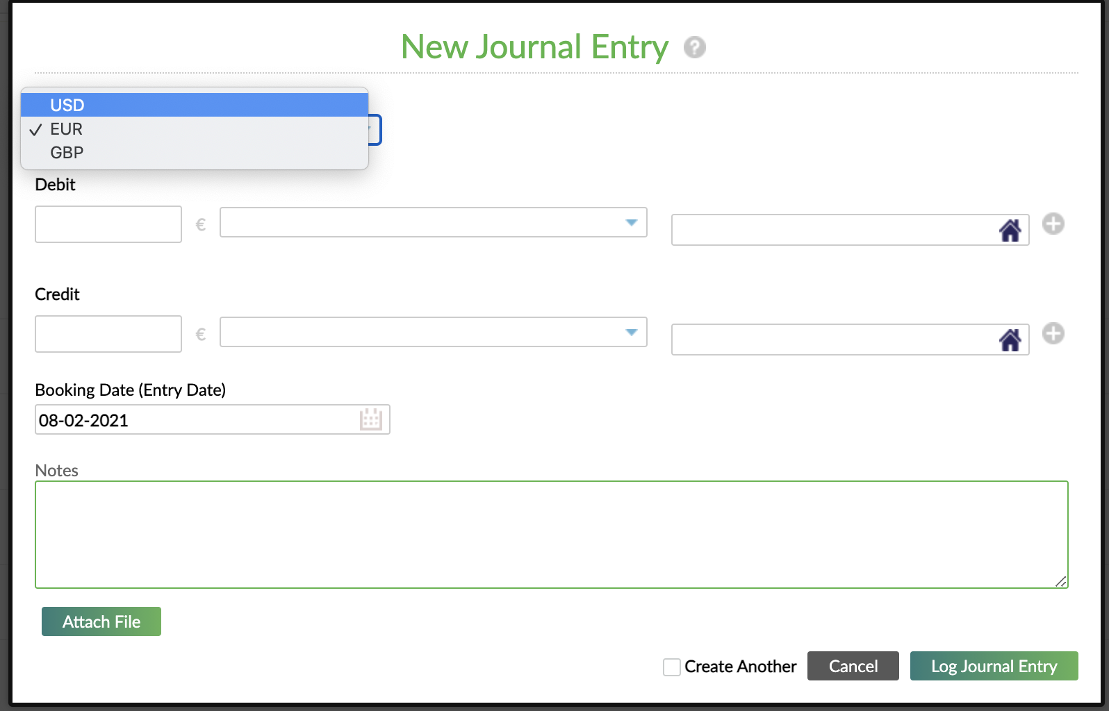New journal entry window with three different currencies, dollar, euro, and pound.png